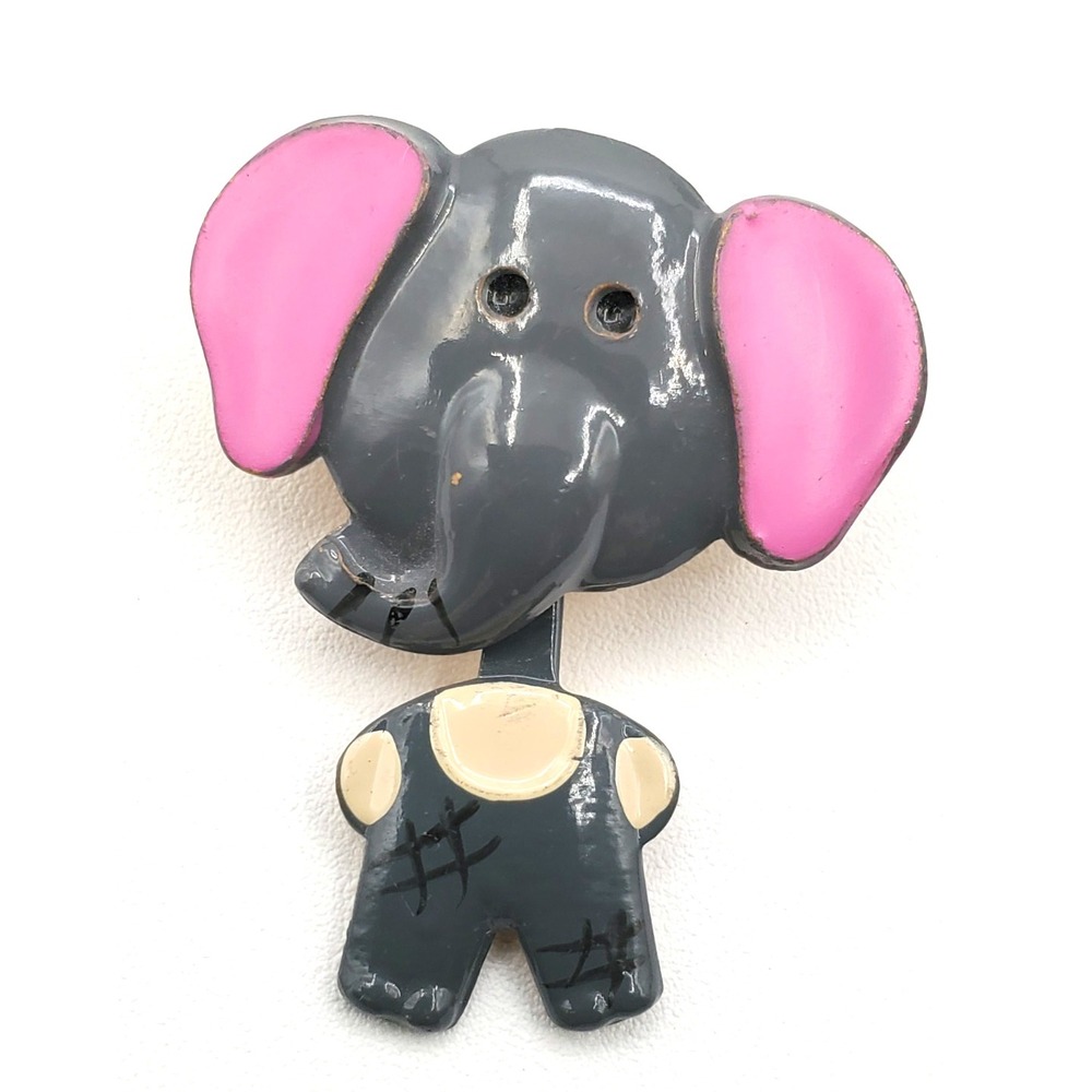 Vintage Dumbo The Elephant Pink & Grey Enamel Articulating Head Brooch Pin Korea